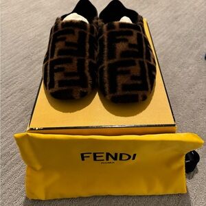 Fendi Logo Sheep Fur/ Leather Slippers - Size 6